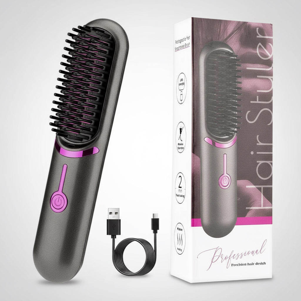 Rechargeable Hair Straightener Brush – Wireless Anti-Frizz Styler